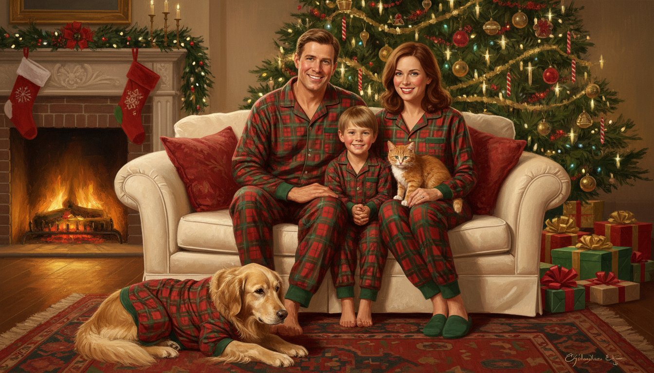 Matching Christmas pajamas for the whole family including the dog