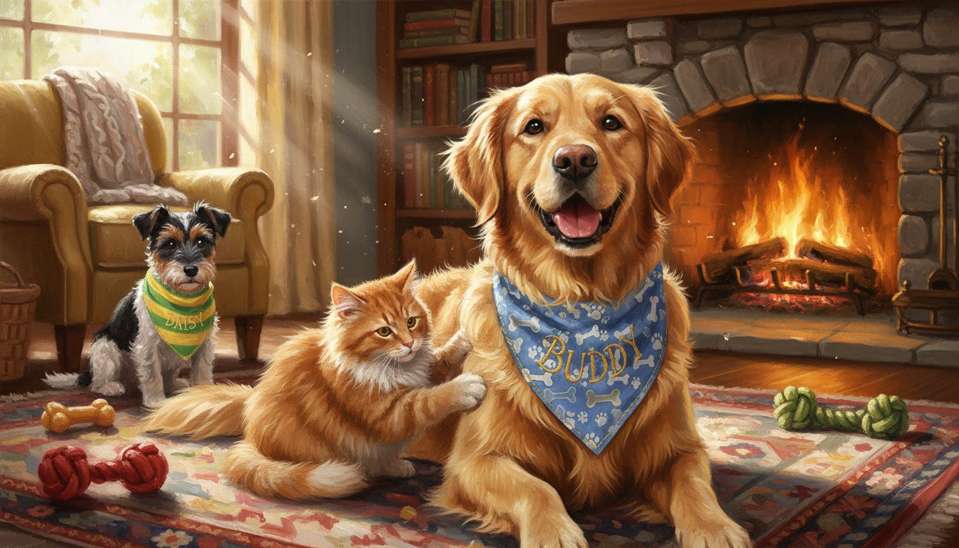 A custom dog bandana with the dog's name