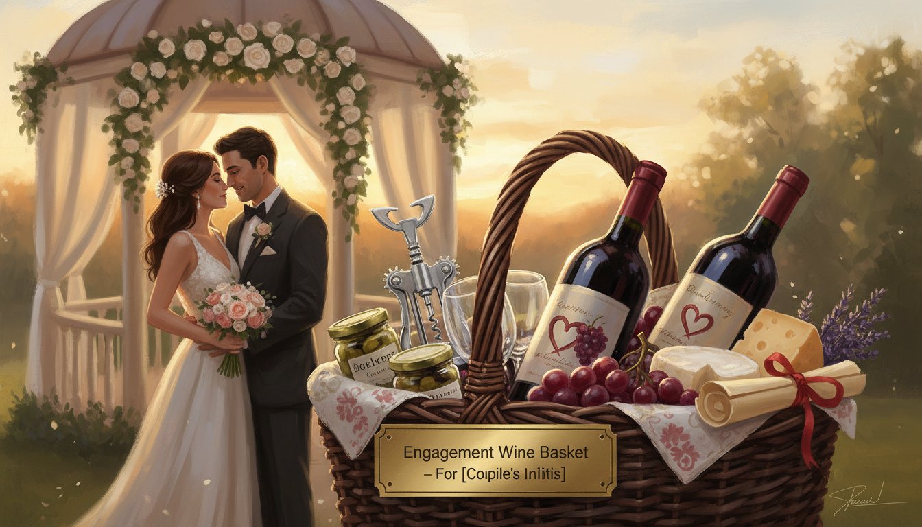 An engagement wine basket gift