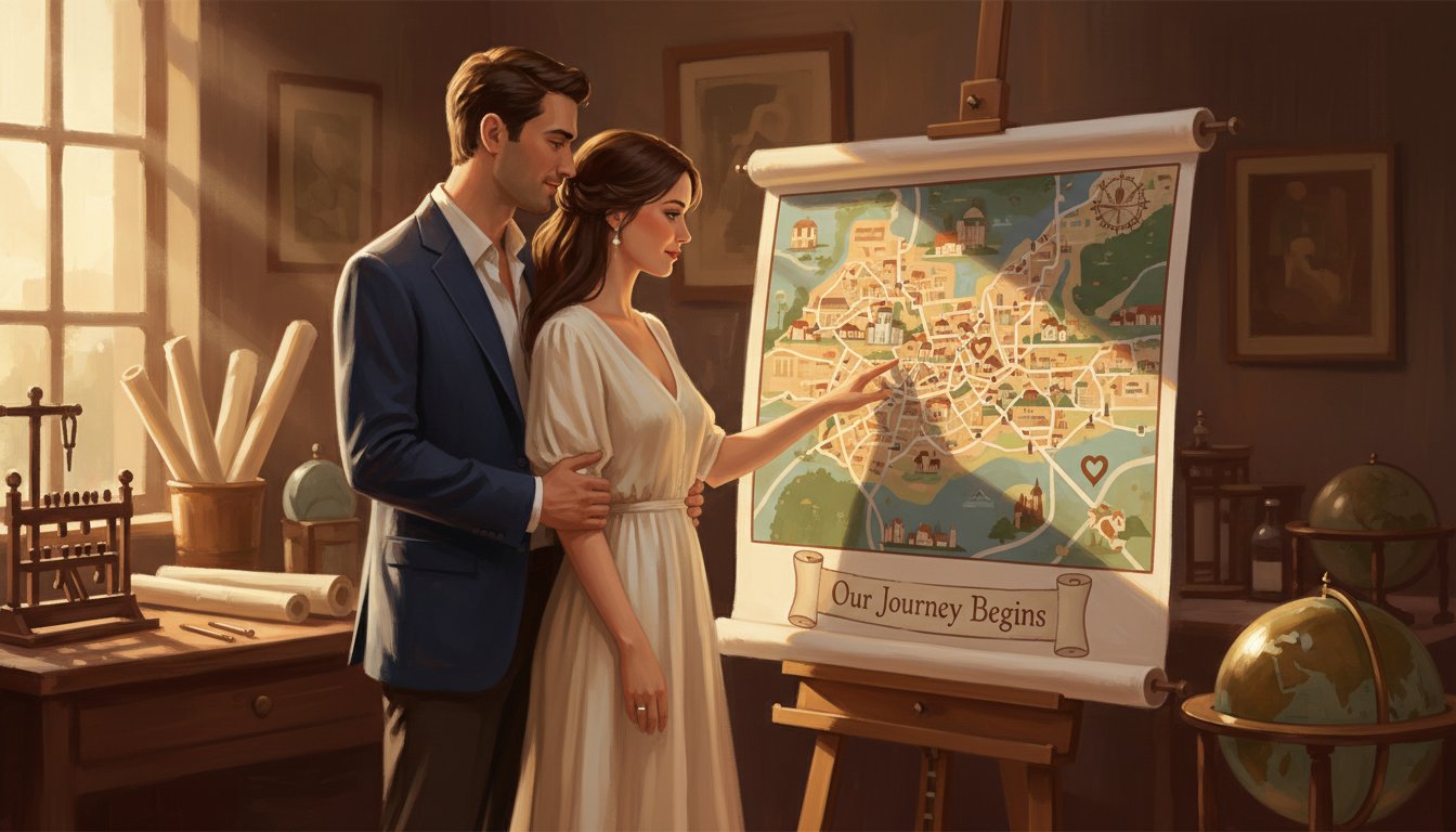 A custom map print showing where the couple met