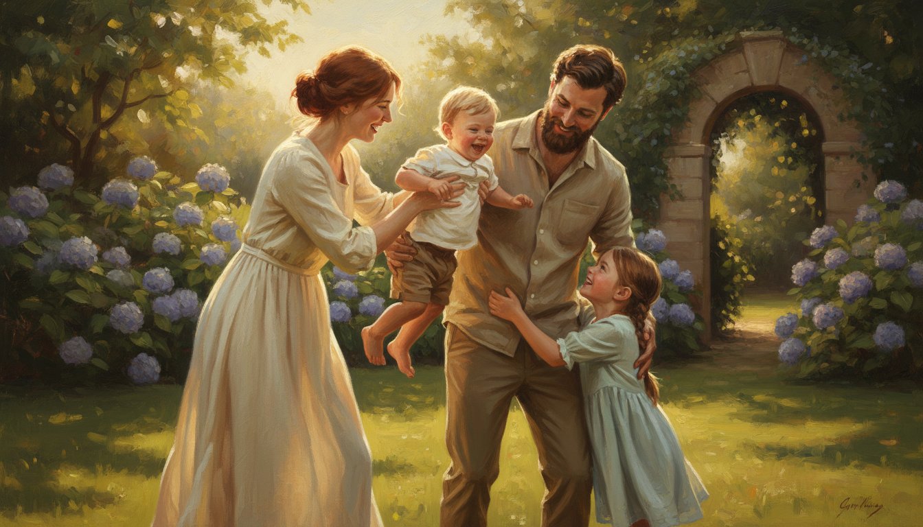 A candid family moment turned into a painted portrait
