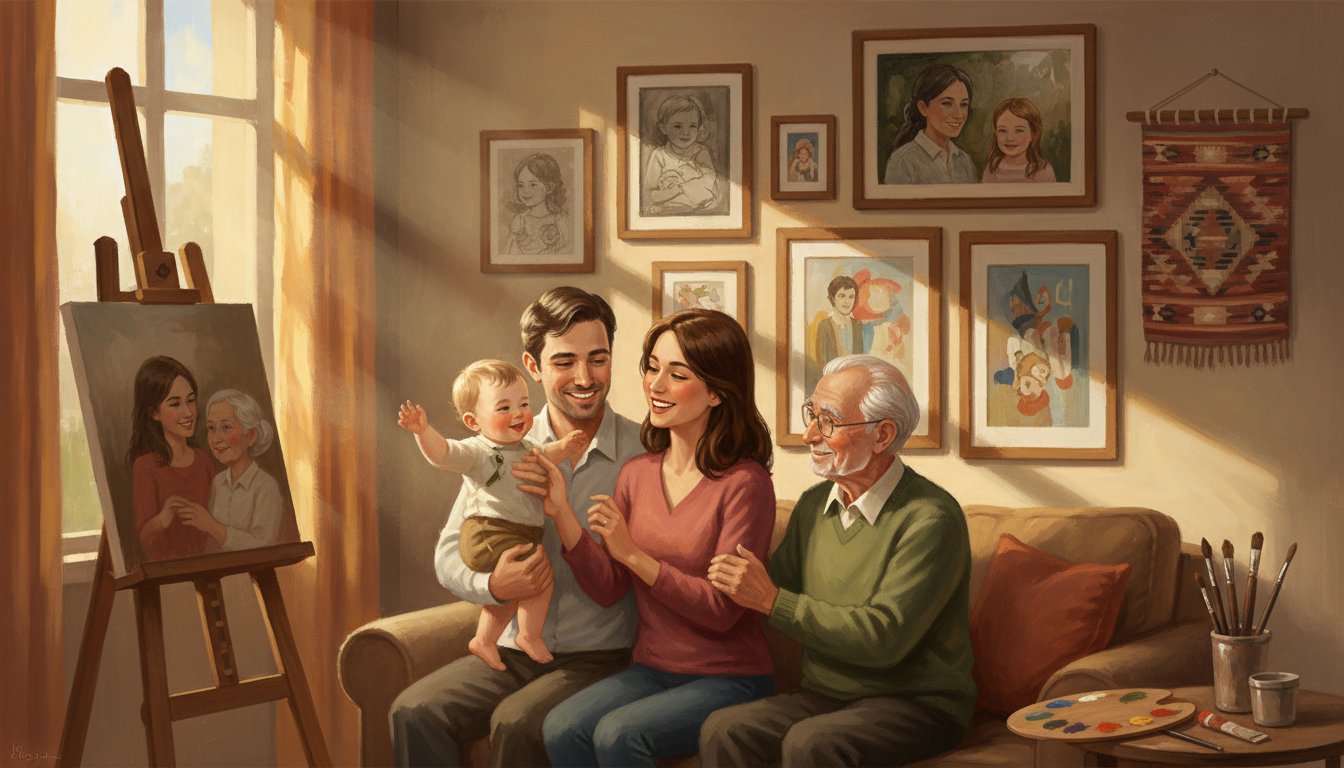 A family portrait painted from an outdoor photograph