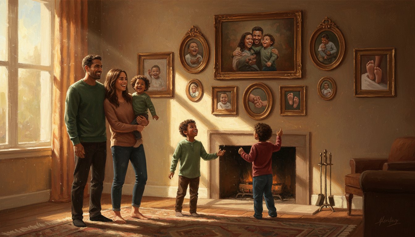 A collage of individual family portraits on a wall