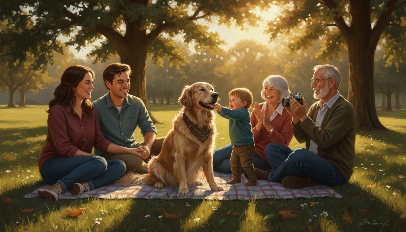 A family portrait with a dog painted from separate photos