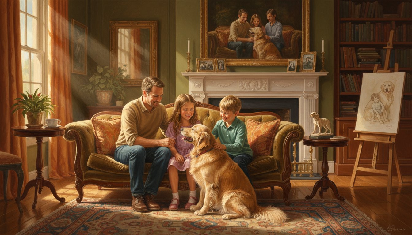 Comparing painting mediums for family portraits with dogs