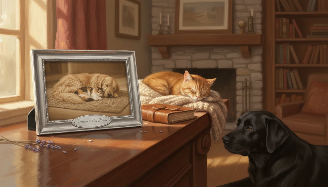A framed pet photo with engraved plaque