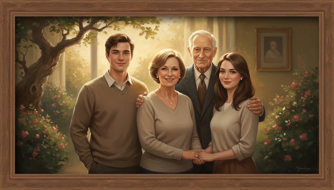 A painted portrait combining family members from separate photos