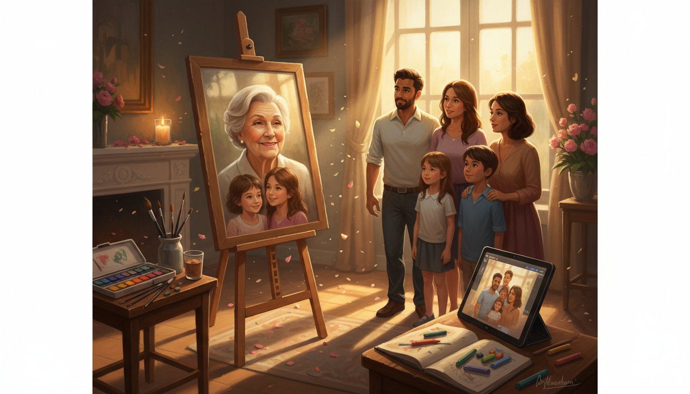 A completed composite family portrait displayed in a home