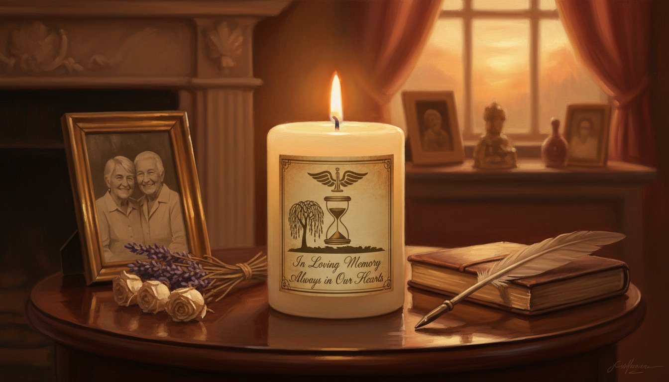 A memorial candle with a personalized label