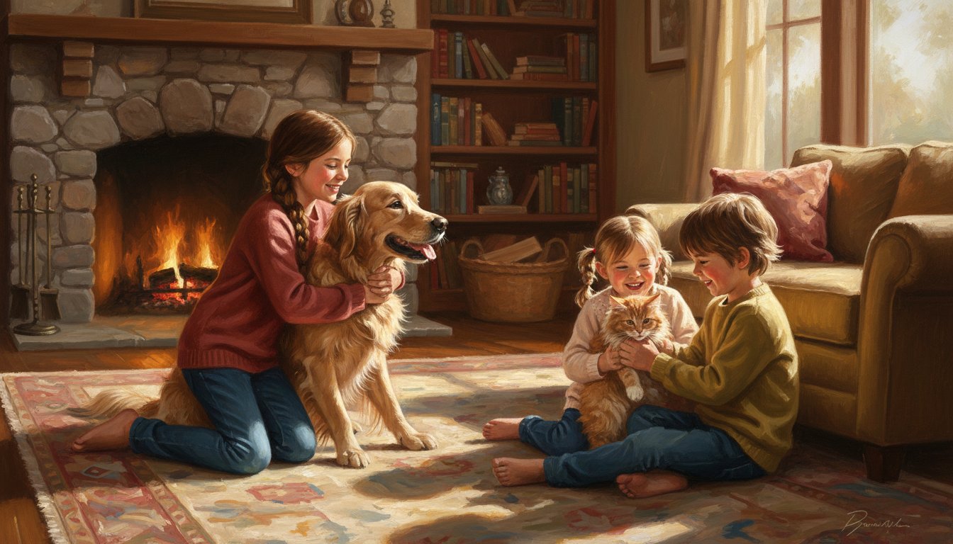 Siblings posing with their family pet