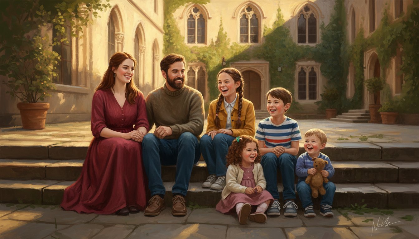 Siblings sitting on steps arranged by age