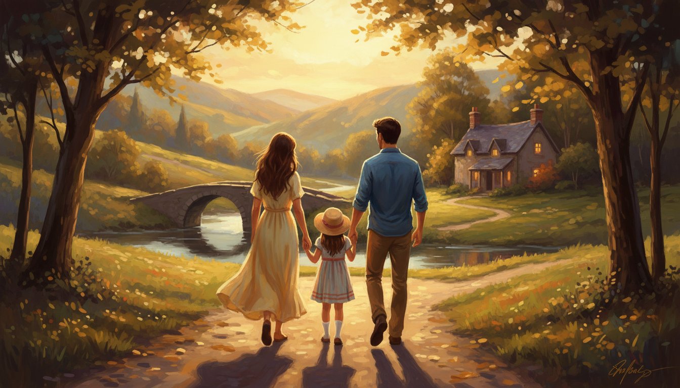Siblings walking away together down a path
