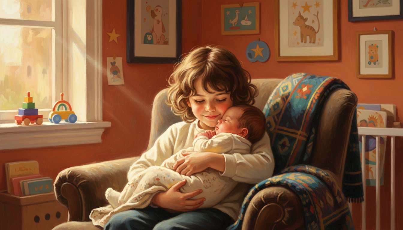 An older sibling holding a baby in their arms