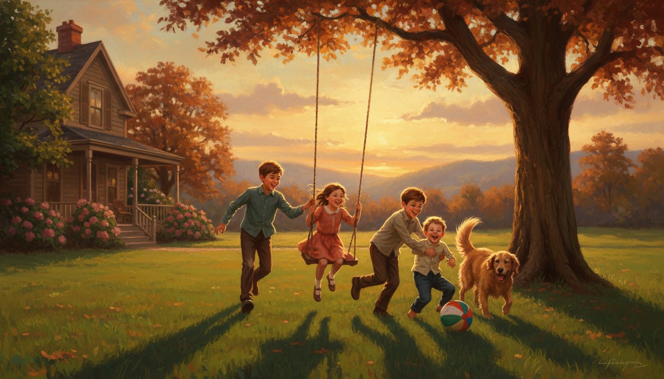 Siblings playing and laughing in the yard
