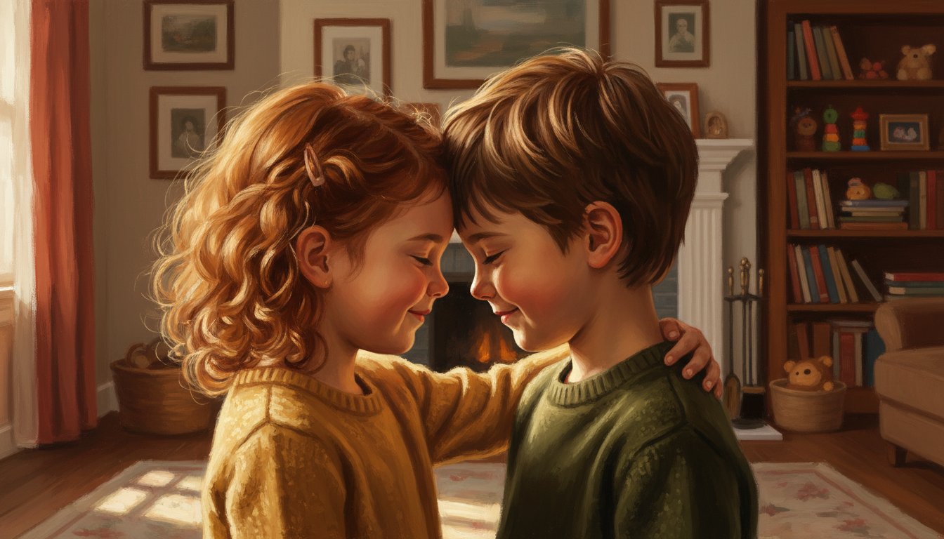 Siblings in a forehead-to-forehead pose