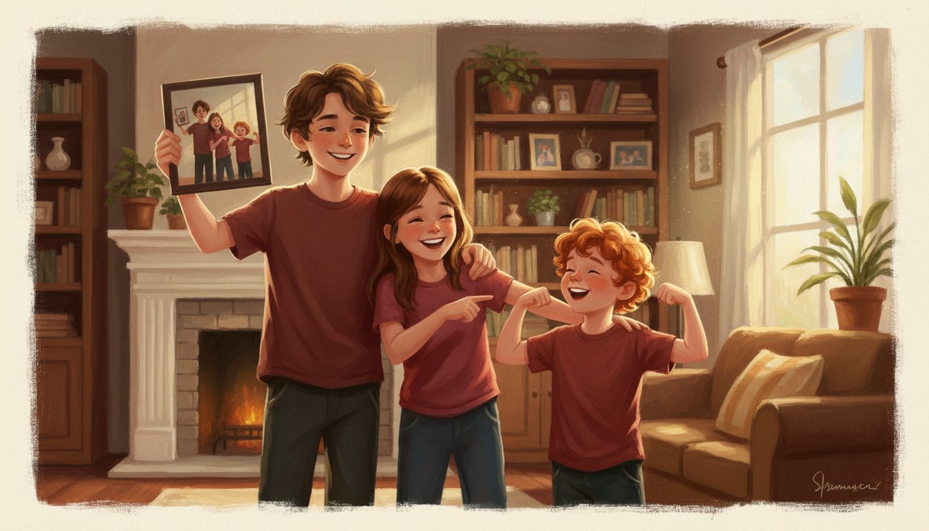 An annual growth photo of siblings over the years