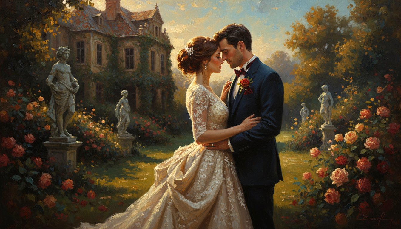 A classic oil painting wedding portrait of the first dance