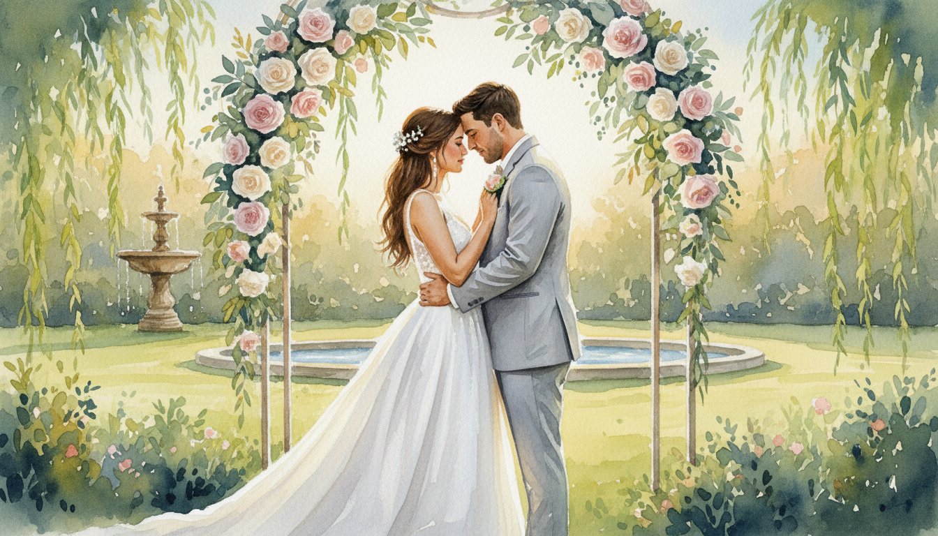 A watercolor wedding portrait of the ceremony