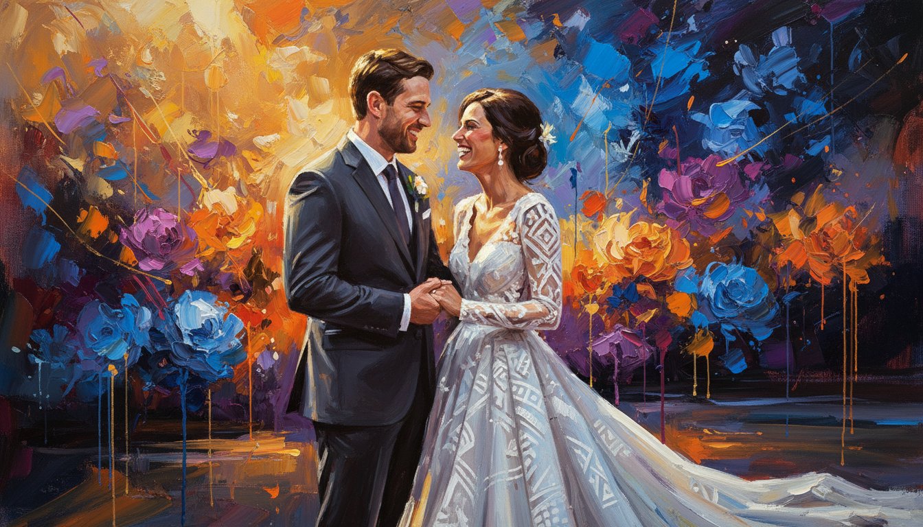 An acrylic wedding portrait of a candid moment