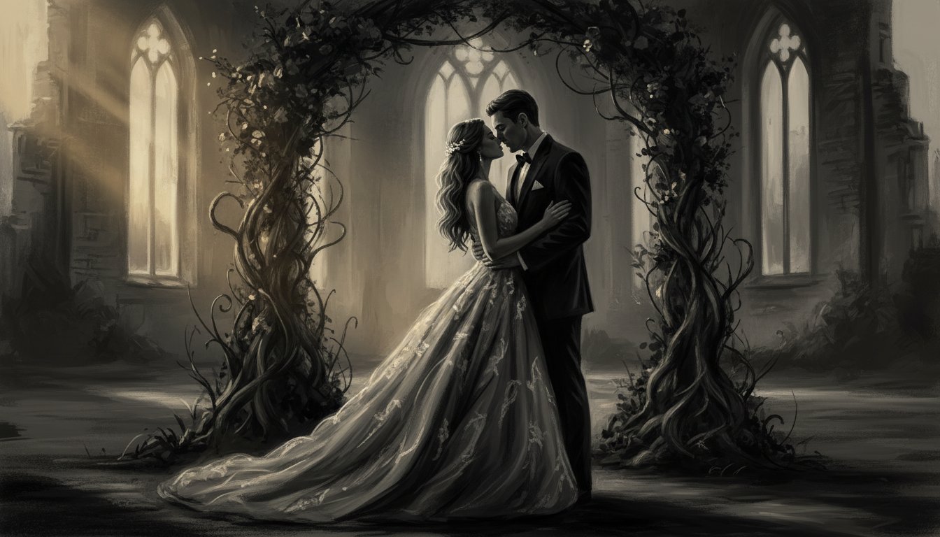 A charcoal wedding portrait in black and white