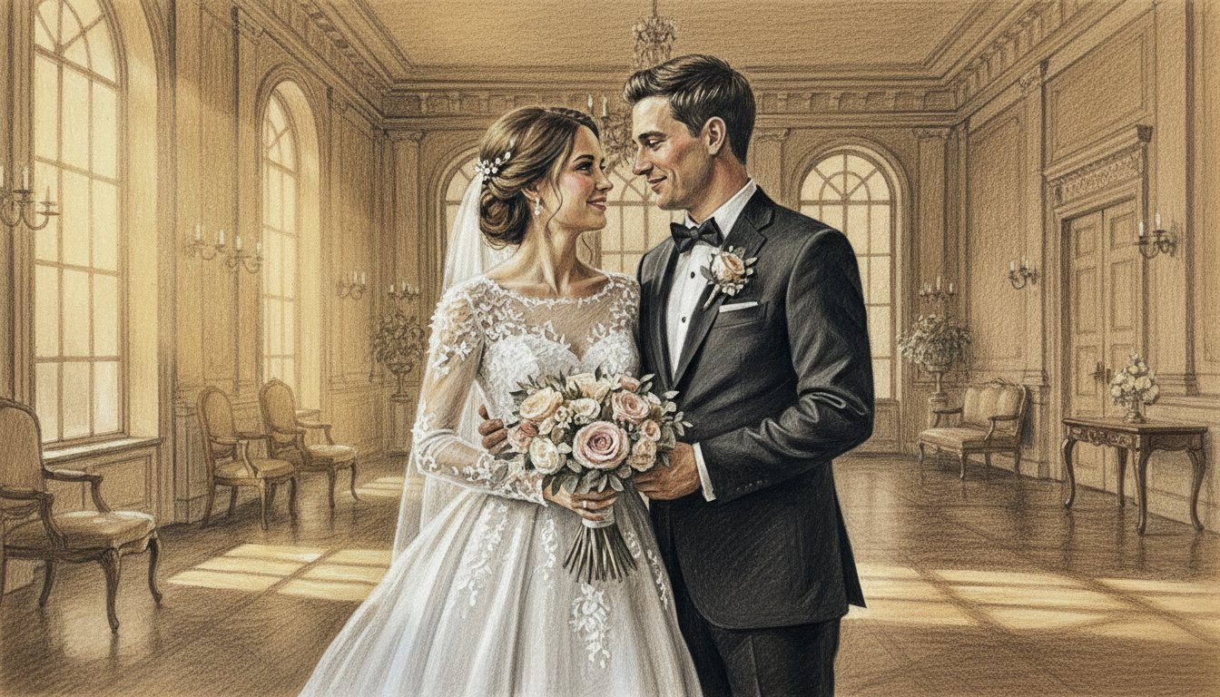 A pencil sketch wedding portrait of an intimate moment
