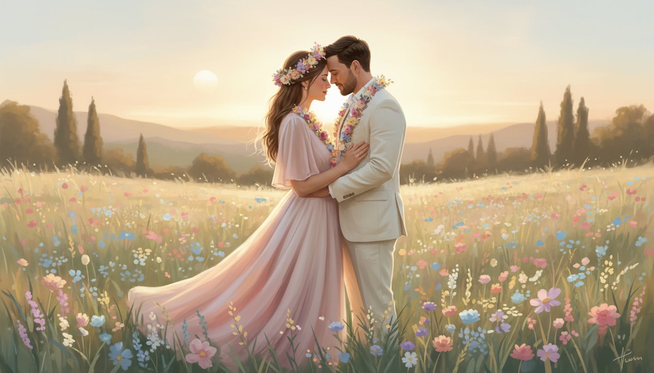 A pastel wedding portrait during golden hour